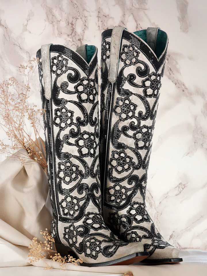 Corral Women’s Tall White/Black Floral Overlay Sequin Cowboy Boot – Style A4866