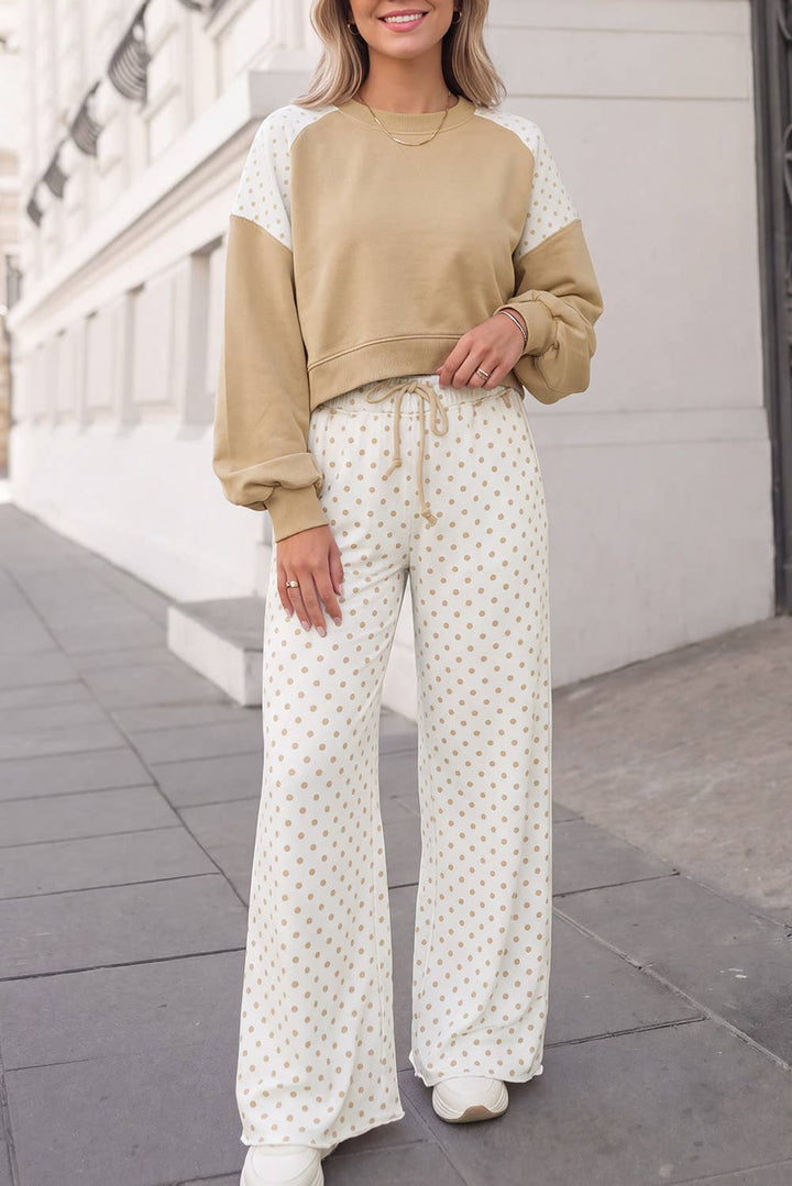 Polka Dot Print Patchwork Top 2pcs Pants Set  | S-4X: Khaki / S