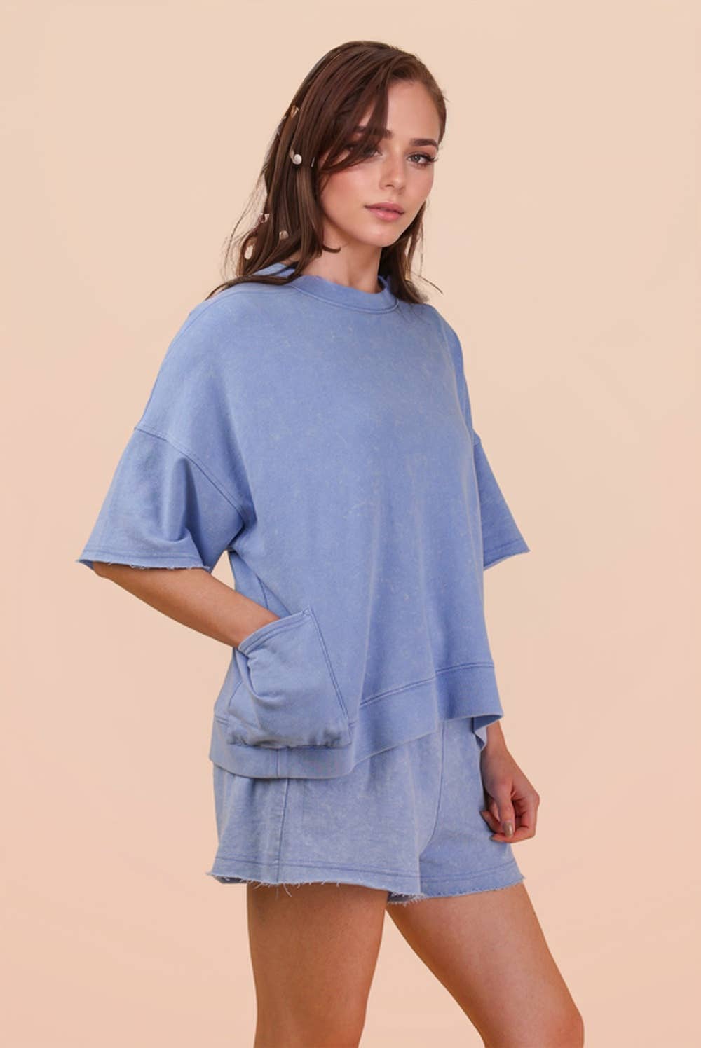 NT12429SET-Mineral Washed Knit Casual Top & Shorts: BEIGE / S-M-L/2-2-2