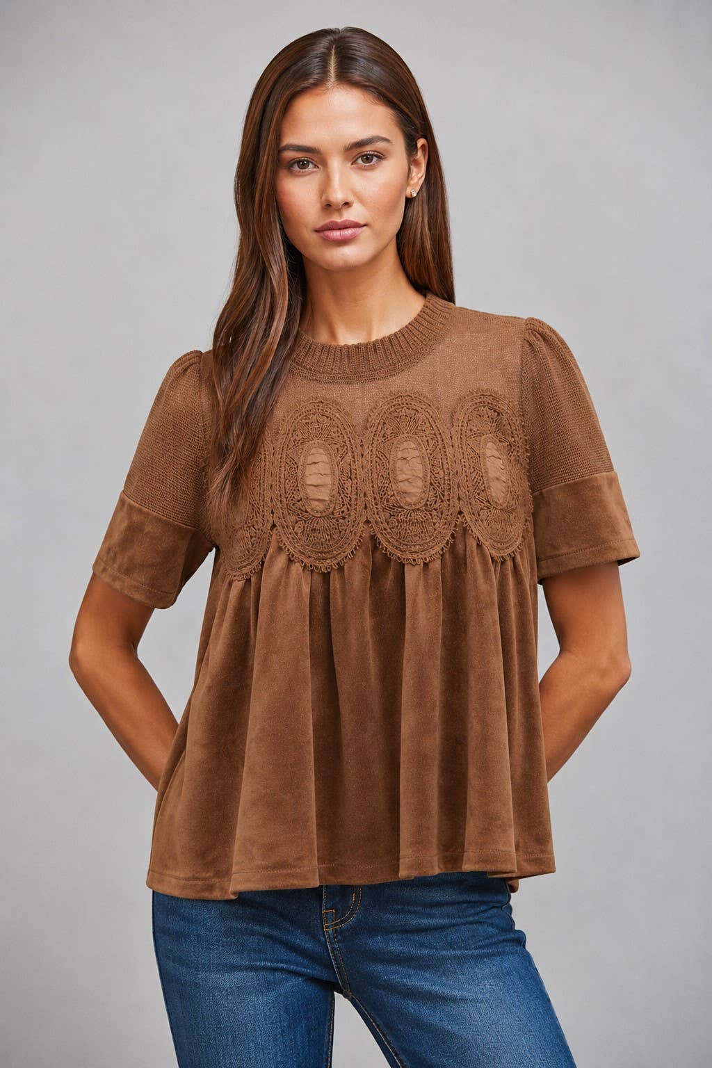 SHEER MESH UPPER PANEL WITH LACE APPLIQUE FAUX SUEDE TOP: TEAL BLUE / L