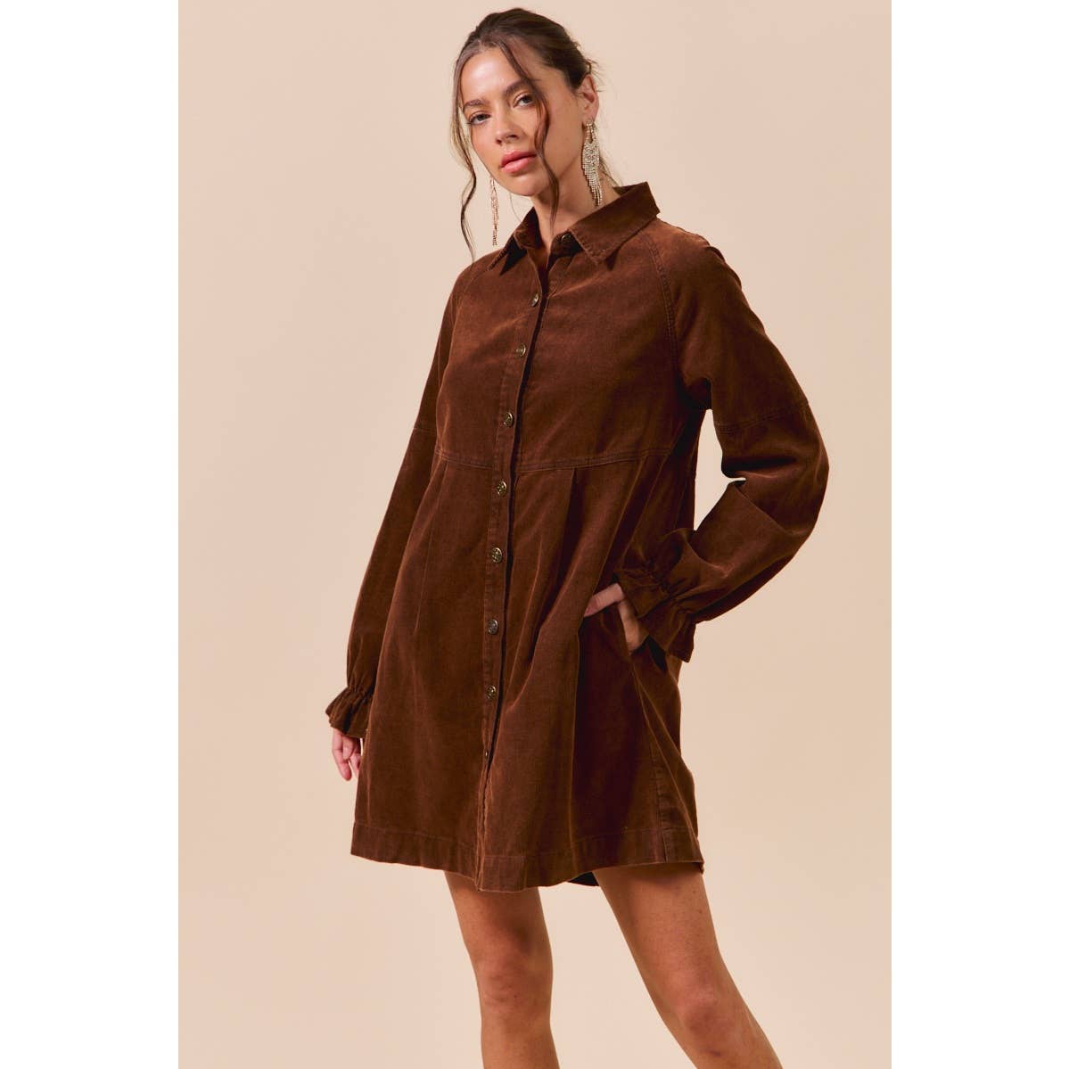 WASHED CORDUROY BUTTON DOWN SHIRT MINI DRESS: BROWN / XL