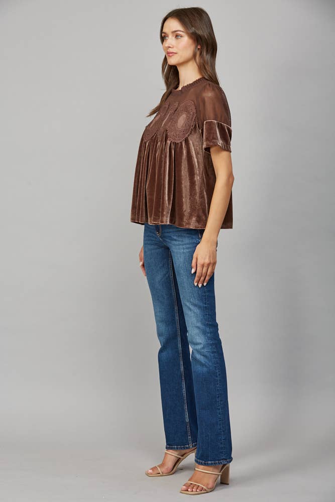 LACE DETAIL VELVET BABYDOLL TOP FT25474 : TEAL GREEN / M