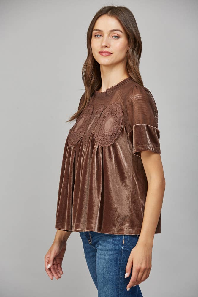LACE DETAIL VELVET BABYDOLL TOP FT25474 : TEAL GREEN / L