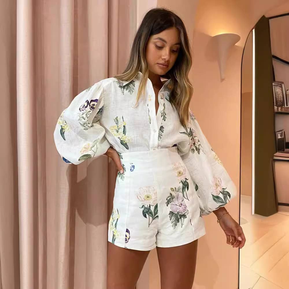 Printed Linen Shirt & High Waist Shorts Set: Cream / Missy / S
