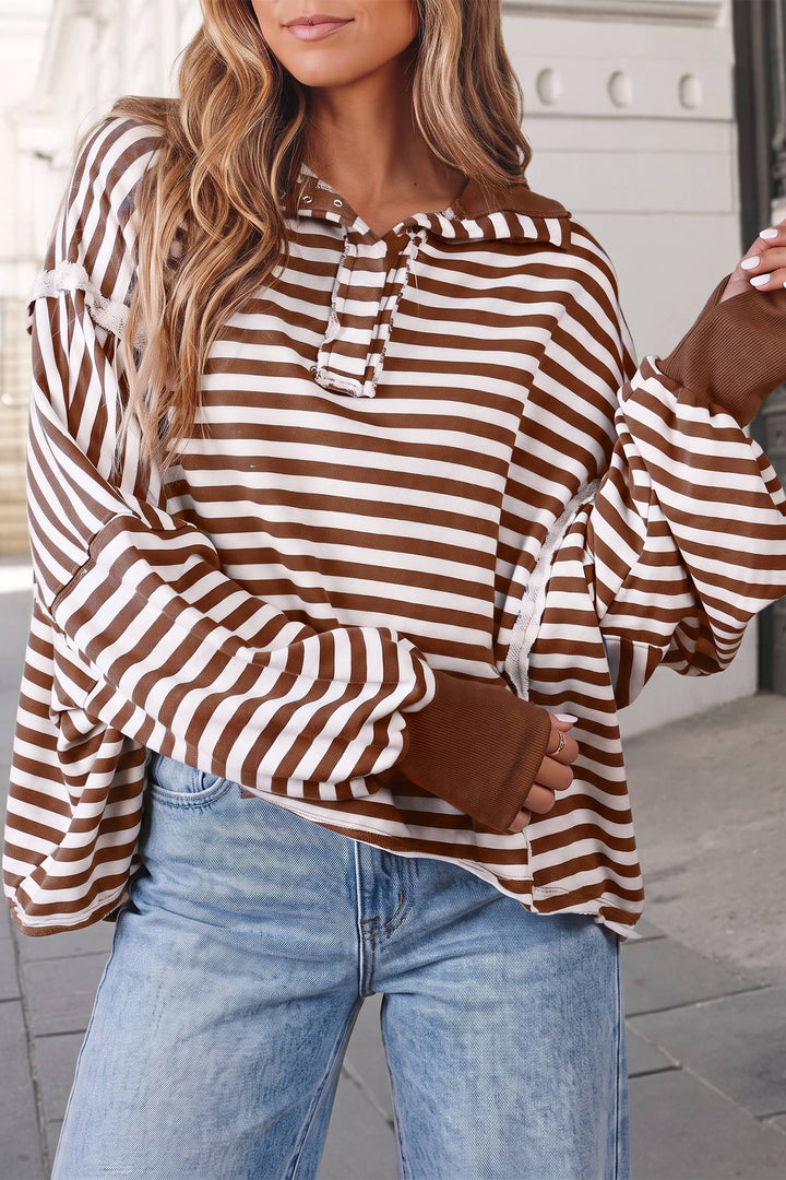 Striped Print Split Hem  Oversized Sweatshirt | S-XL : Brown / S