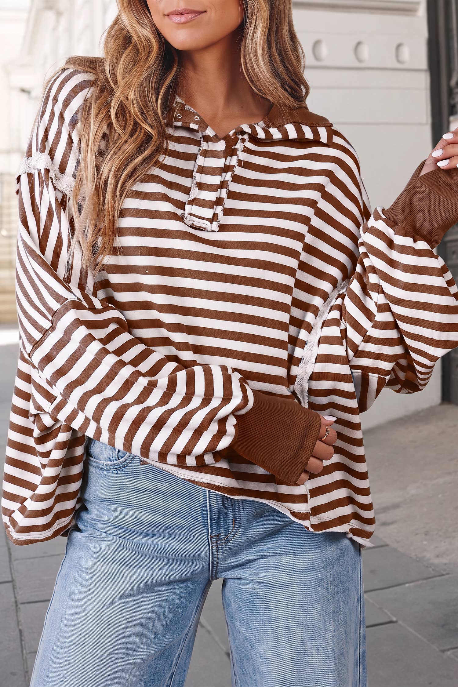 Striped Print Split Hem  Oversized Sweatshirt | S-XL : Brown / L