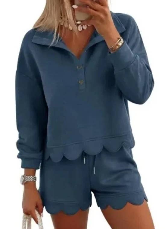 Scallop Edge Casual Half Button Sweatsuits 2 Piece Sets: Navy