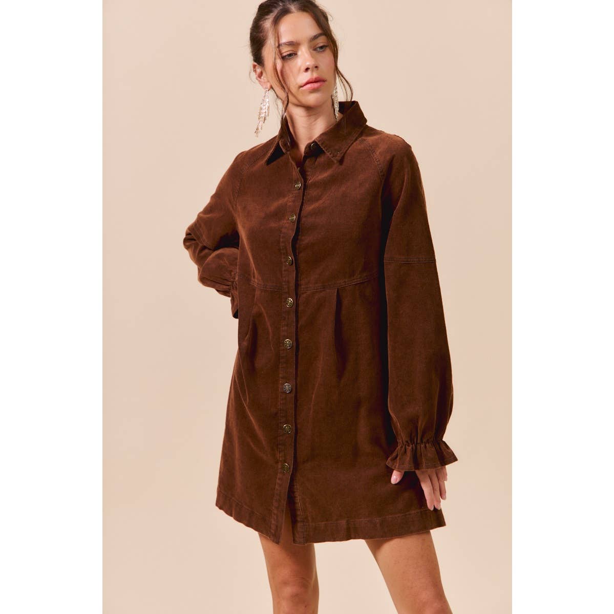 WASHED CORDUROY BUTTON DOWN SHIRT MINI DRESS: BROWN / M