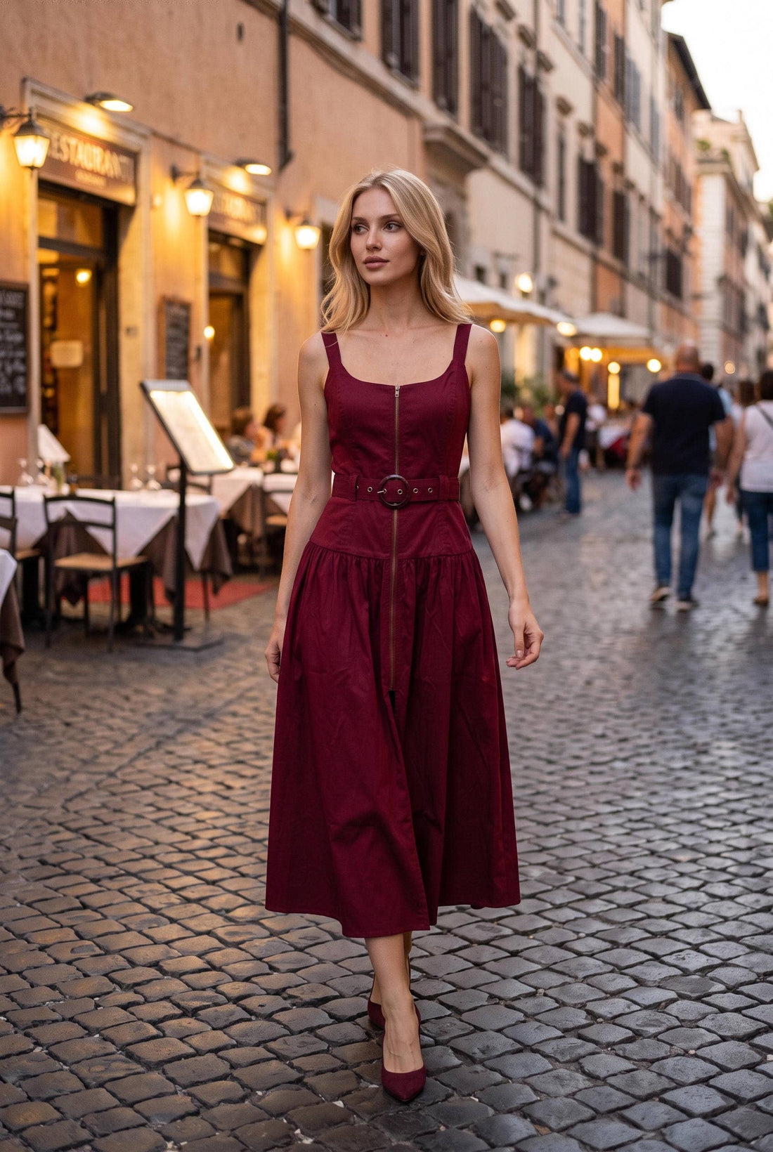 Belted Zip Front Midi Dress: RED MAHOGANY / M