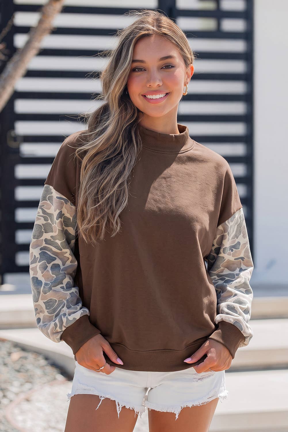 Camouflage Sleeve Crewneck Long Sleeve Sweatshirt S-4X: Coffee / M