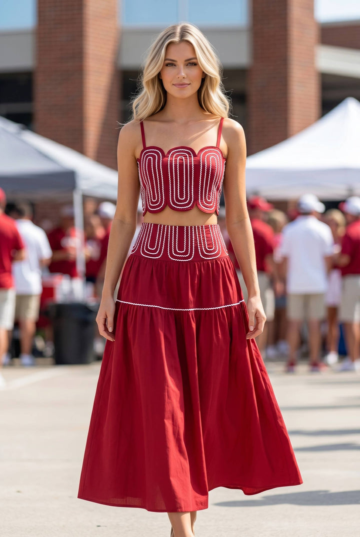 Exclusive Lace Trimmed Top & Skirt Set: CRIMSON/WHITE / S