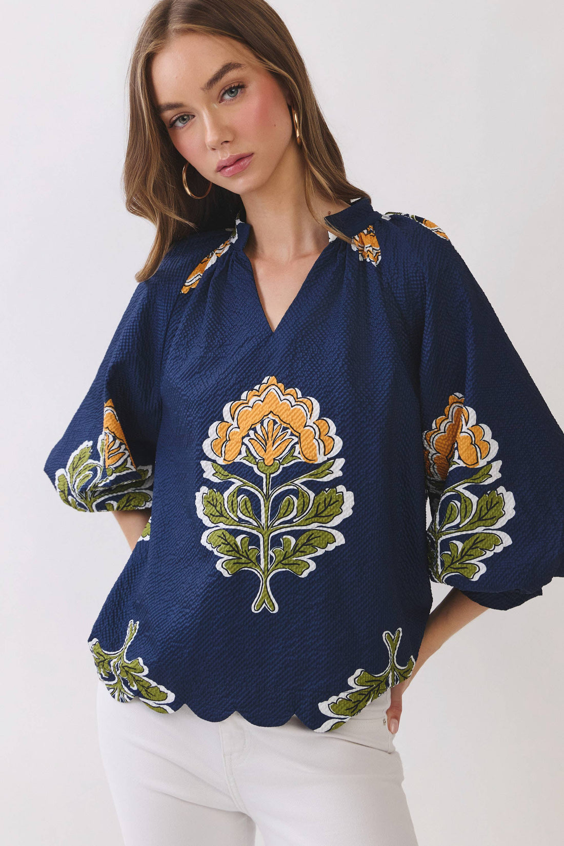 CT10123-Floral Print Scalloped Hem Textured Blouse: NAVY / L