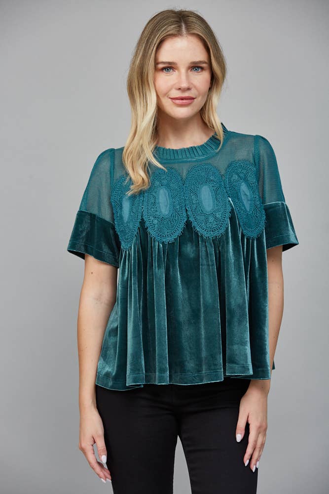 LACE DETAIL VELVET BABYDOLL TOP FT25474 : TEAL GREEN / M