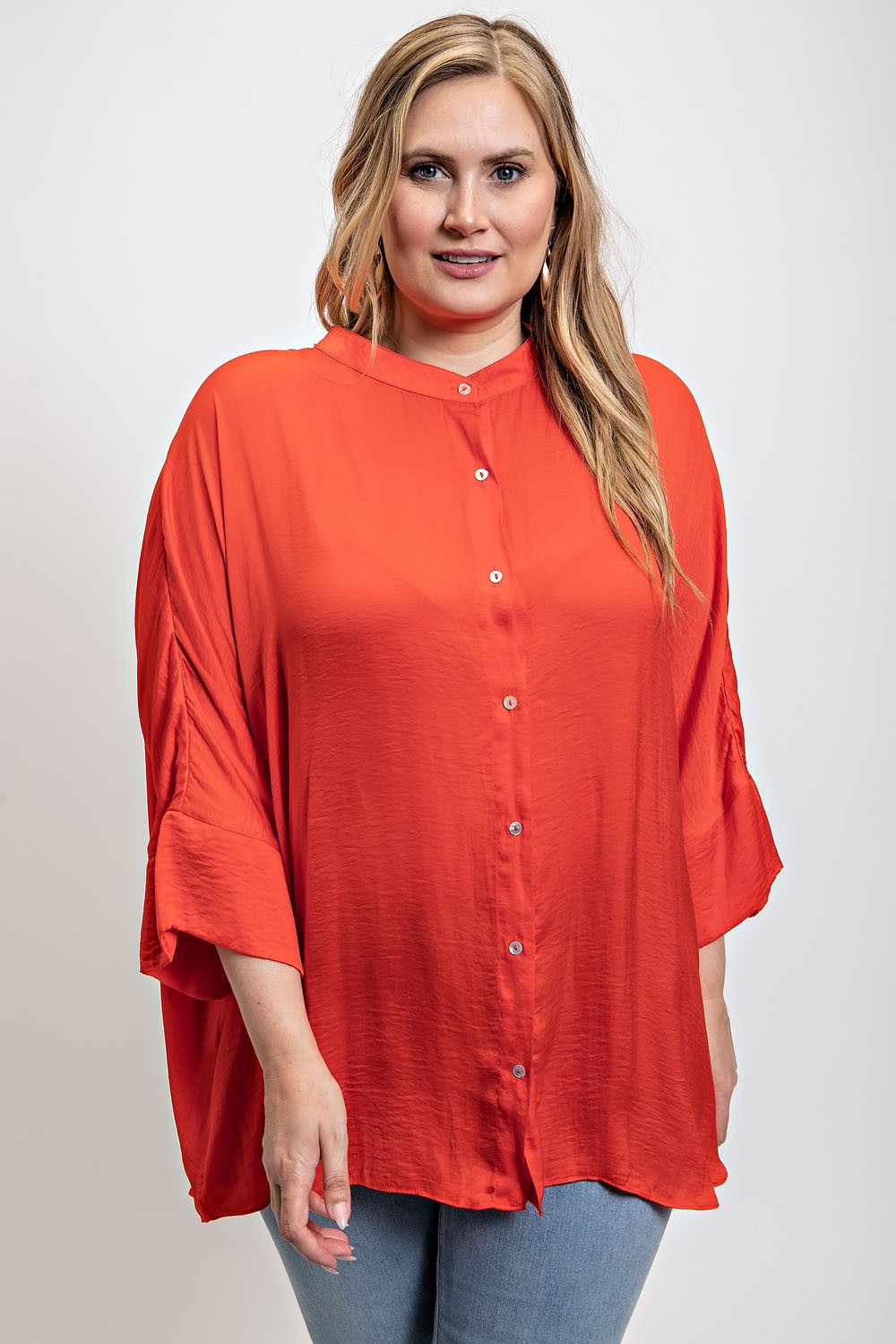 TOMATO RED SATIN BUTTON DOWN