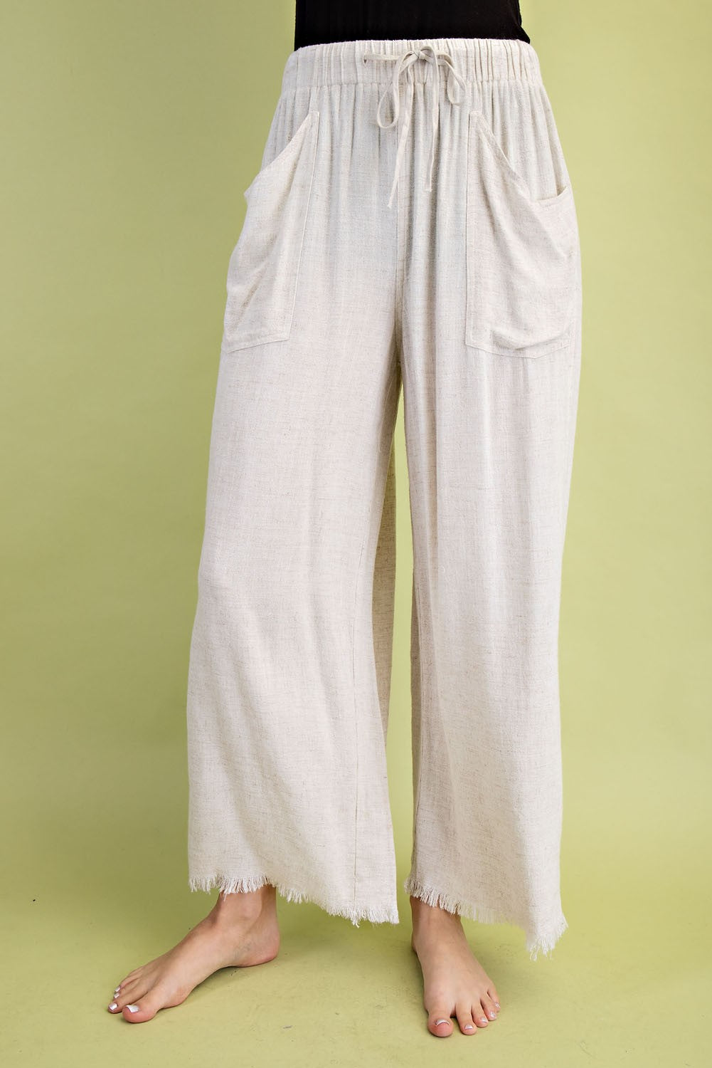 OATMEAL FRAYED CROPPED WIDE LEG PANTS