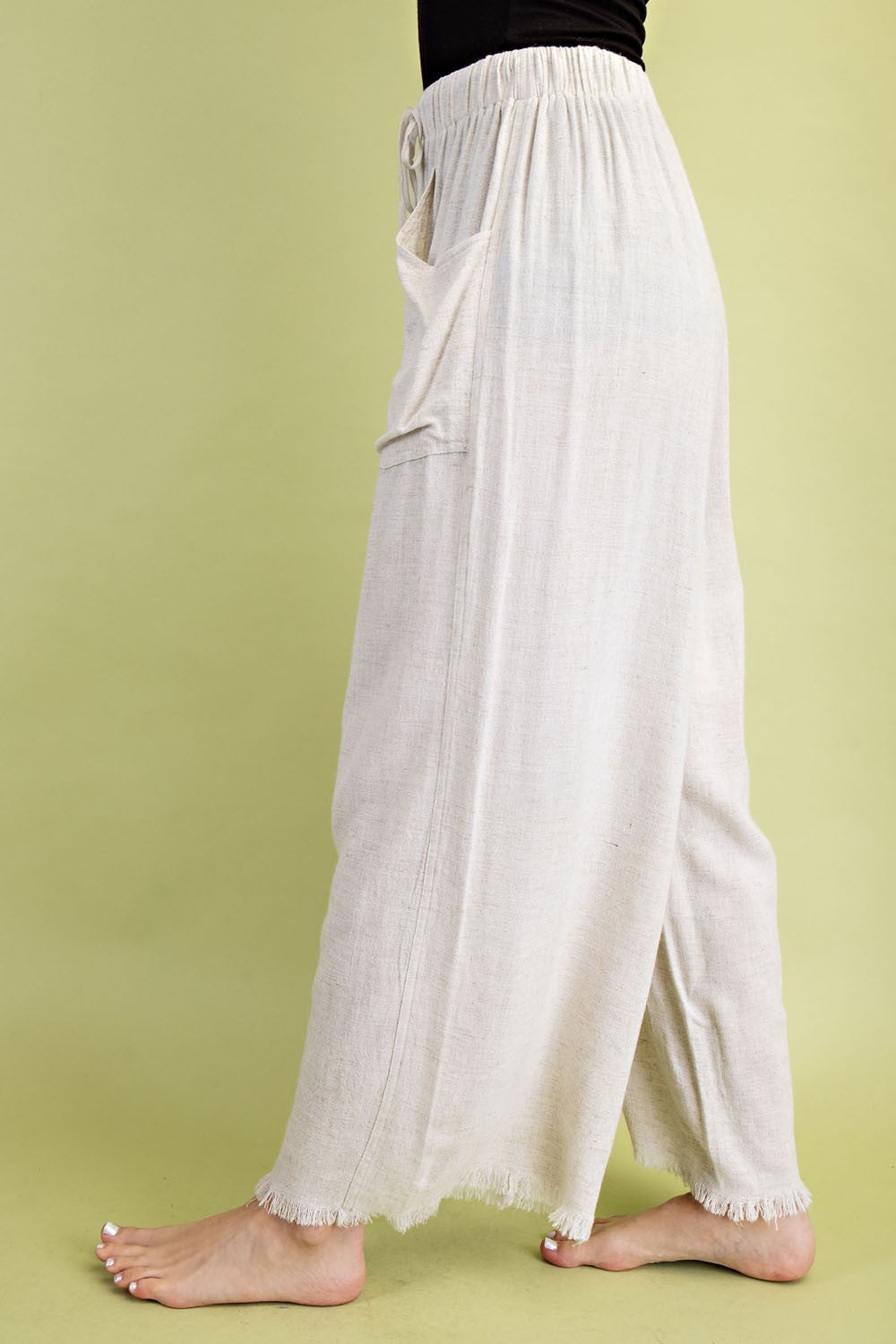 OATMEAL FRAYED CROPPED WIDE LEG PANTS