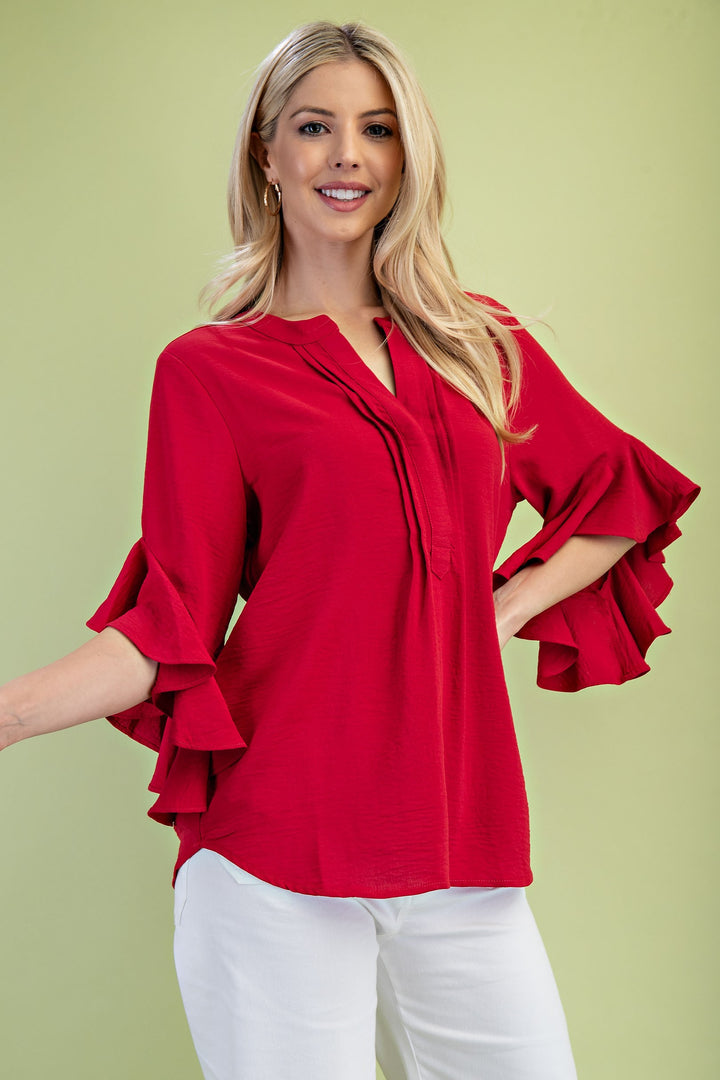 RED RUFFLED BELL SLEEVE TOP