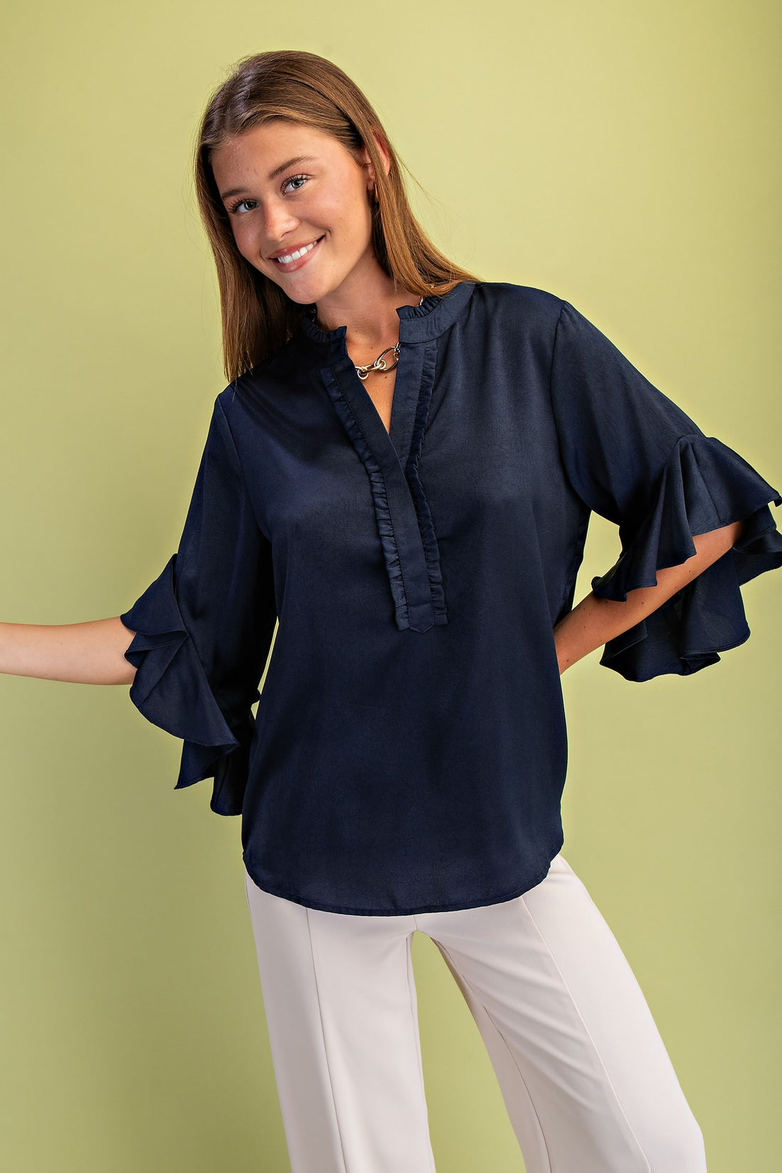 NAVY RUFFLED BELL SLEEVE TOP