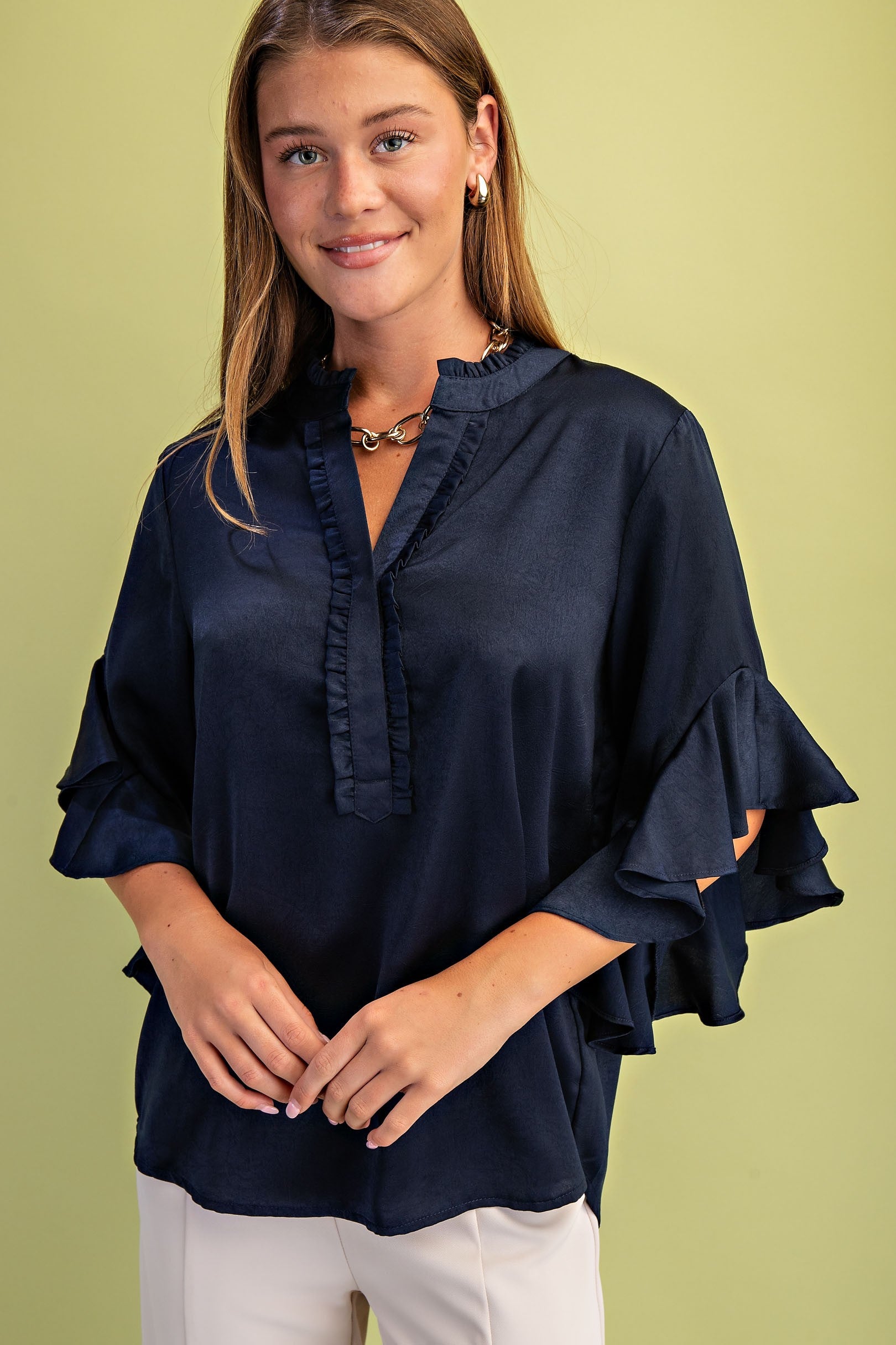 NAVY RUFFLED BELL SLEEVE TOP