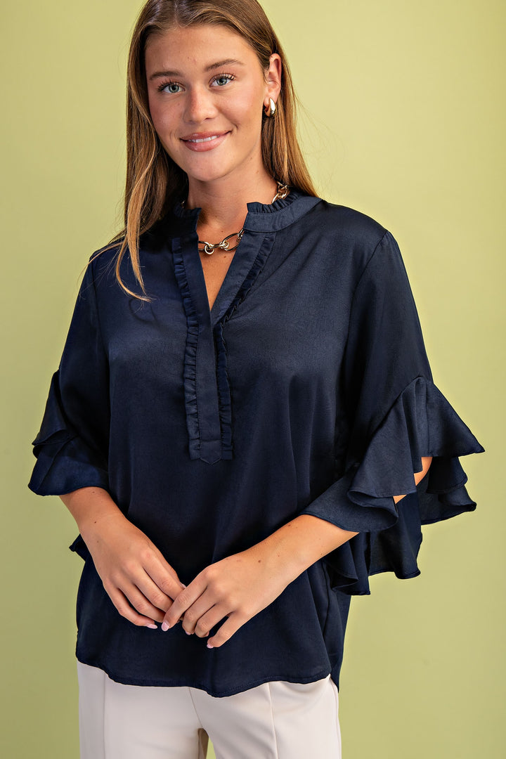 NAVY RUFFLED BELL SLEEVE TOP