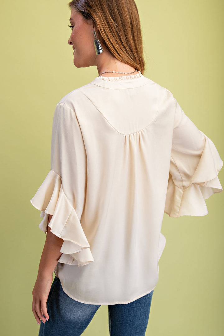 CREAM SATIN RUFFLED BELL SLEEVE TOP