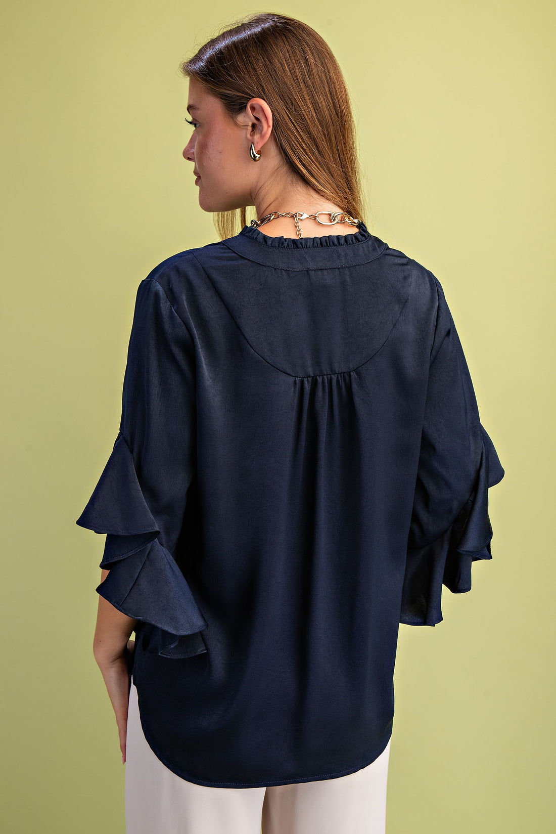 NAVY RUFFLED BELL SLEEVE TOP