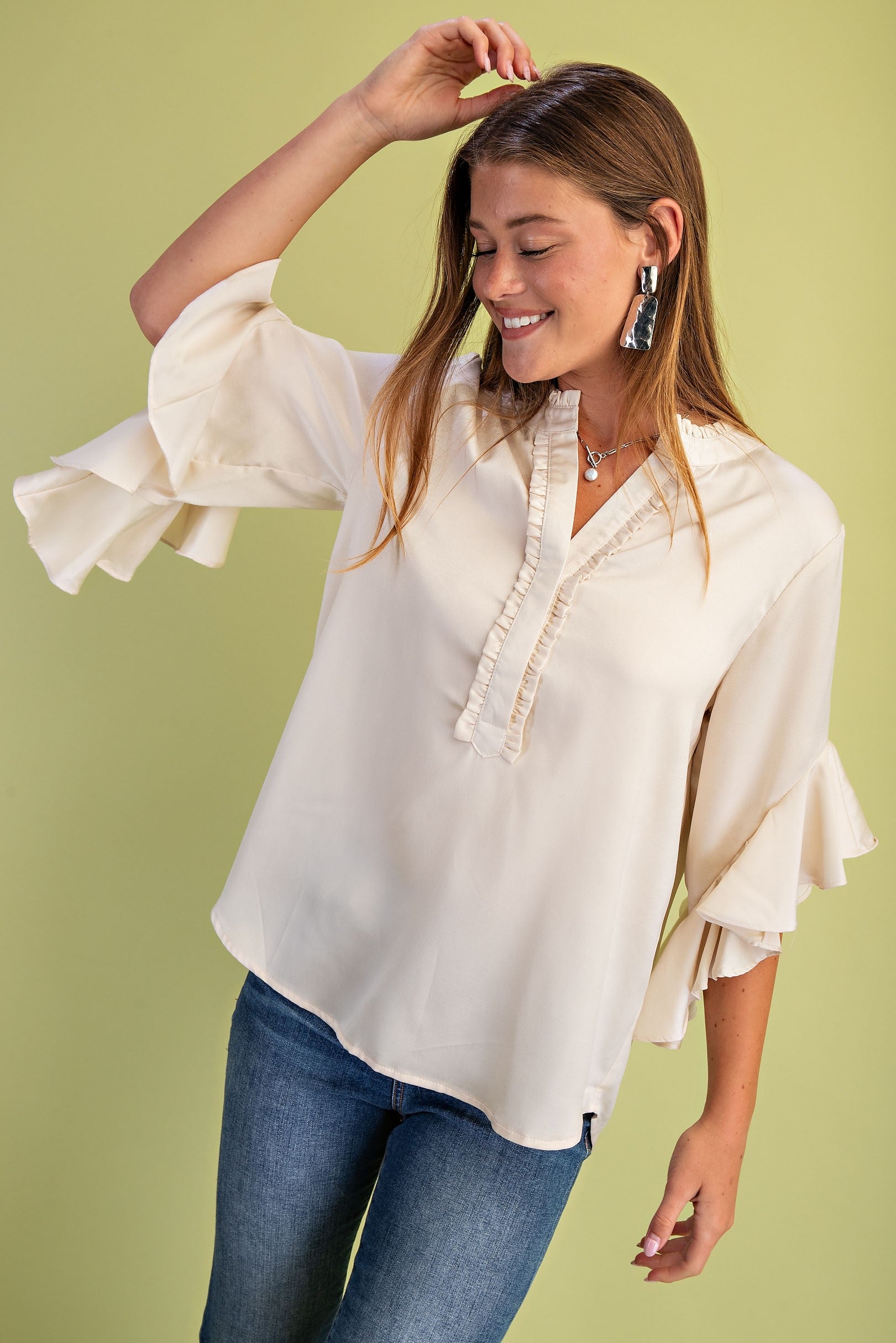 CREAM SATIN RUFFLED BELL SLEEVE TOP