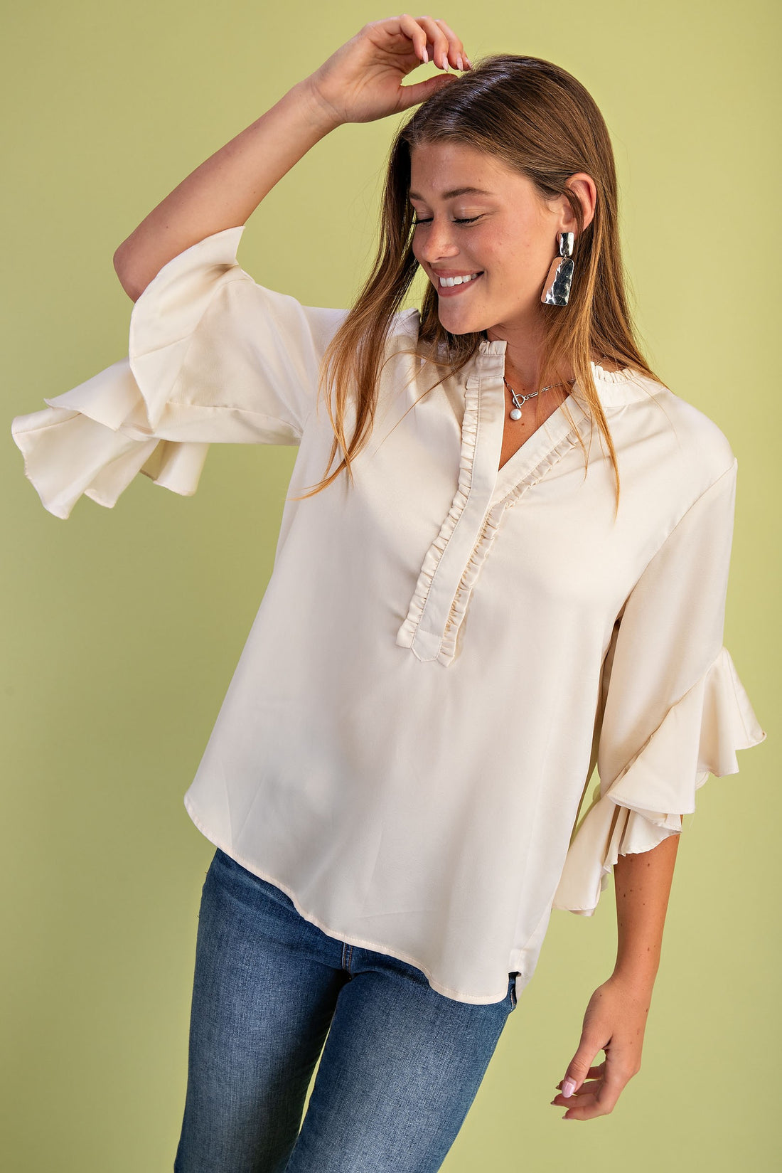 CREAM SATIN RUFFLED BELL SLEEVE TOP