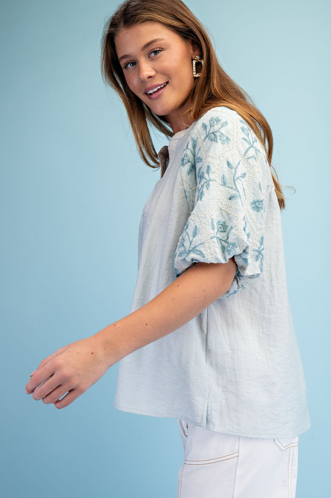 MINT EMBROIDERED SLEEVE BLOUSE
