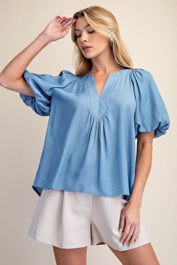 DUSTY BLUE PUFF SLEEVE RUFFLE TOP