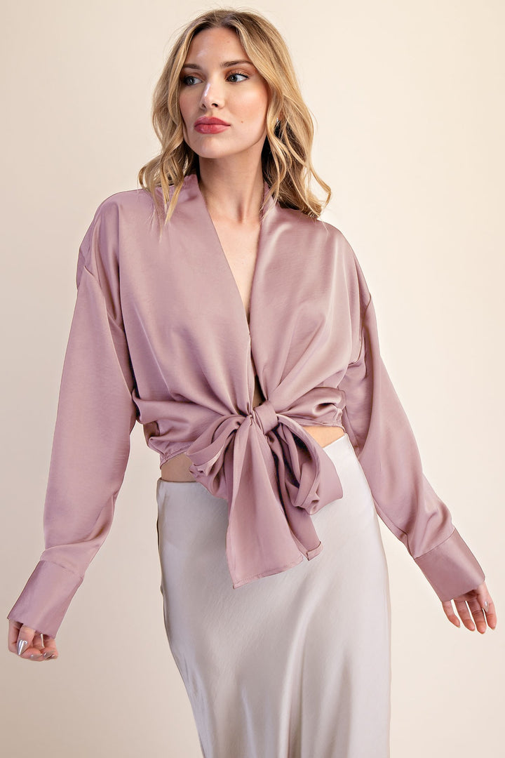 PINK RUFFLE V NECK PUFF SLEEVE TOP