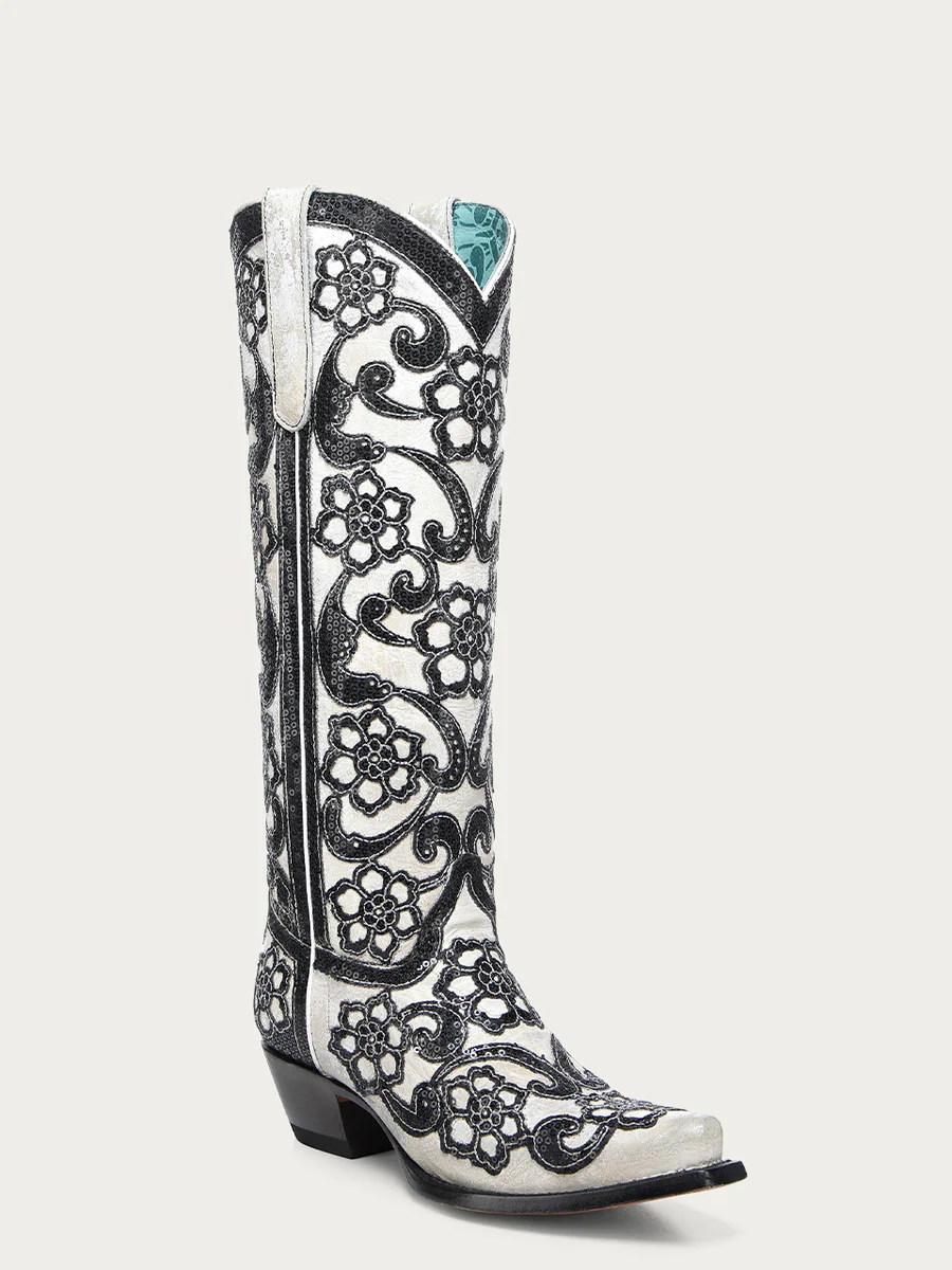 Corral Women’s Tall White/Black Floral Overlay Sequin Cowboy Boot – Style A4866