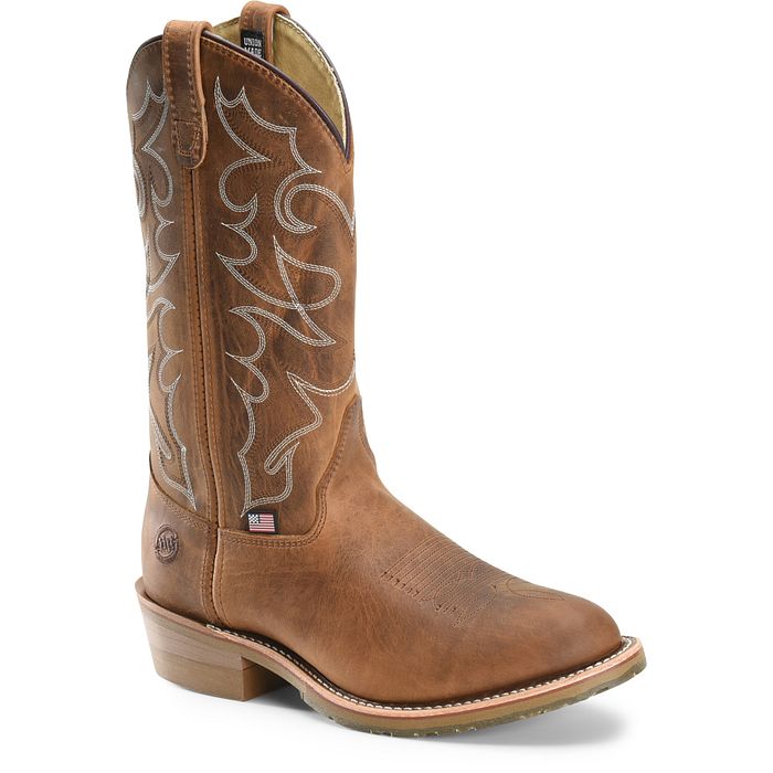 A brown Double H men's steel toe work boot with a white stitch pattern and a low heel.