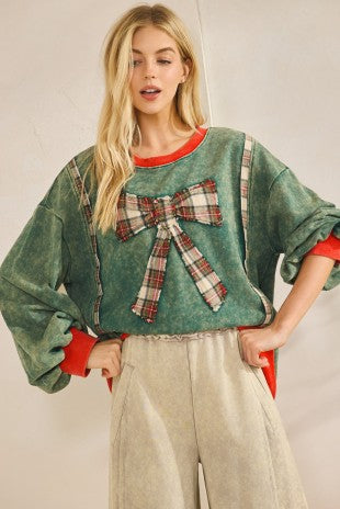 GREEN PLAID BOW SWEATSHIRT ST8113